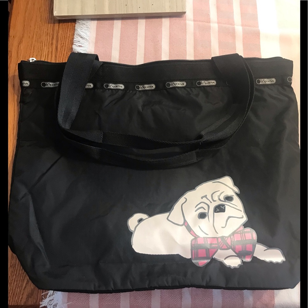 EUC LeSportsac Large Black 2-Sided 2 Different Dog Print Nylon Tote - Picture 3 of 10